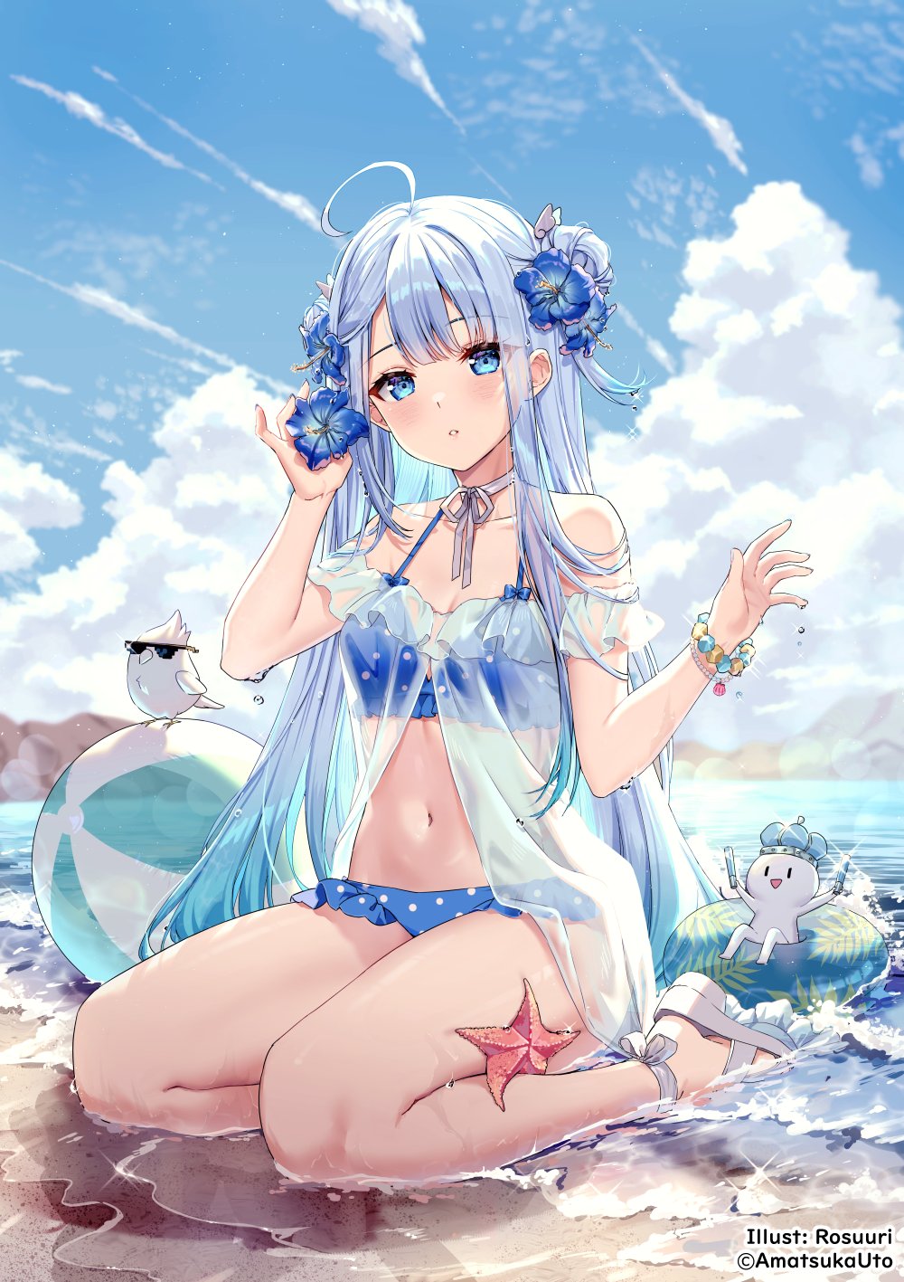 1girl amatsuka_uto aqua_hair artist_name ball bangs beach beachball bead_bracelet beads blue_bra blue_eyes blue_flower blue_panties blurry blush bokeh bra bracelet breasts choker clouds collarbone crown cumulonimbus_cloud depth_of_field dip-dyed_hair double_bun flower glowstick hair_flower hair_ornament highres indie_virtual_youtuber innertube jewelry lens_flare light_blue_hair looking_at_viewer medium_breasts navel ocean panties parted_lips platform_footwear polka_dot polka_dot_bra polka_dot_panties ribbon ribbon_choker rosuuri sand see-through see-through_dress seiza shell sitting star_(sky) starfish tenshimp two_side_up underwear virtual_youtuber water_drop wedge_heels wet white_ribbon wing_hair_ornament