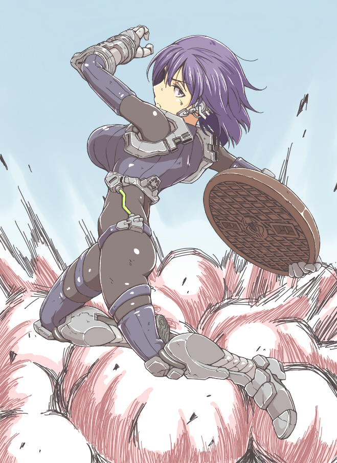 1girl armor armored_boots bangs bikini black_bodysuit bob_cut bodysuit boots borrowed_character breasts commentary detached_sleeves earpiece exoskeleton explosion fighting floating_hair frown gauntlets hair_strand jumping large_breasts looking_at_viewer looking_to_the_side makino_himeko_(mos_yen) manhole metal_bikini mhjk_(mos_yen) oteruko_(wanabeee) purple_bikini purple_hair purple_legwear purple_shirt purple_sleeves ribbed_shirt sanpaku serious shirt short_hair sleeveless sleeveless_turtleneck smoke solo swimsuit swimsuit_over_clothes thigh-highs throwing turtleneck v-shaped_eyebrows violet_eyes