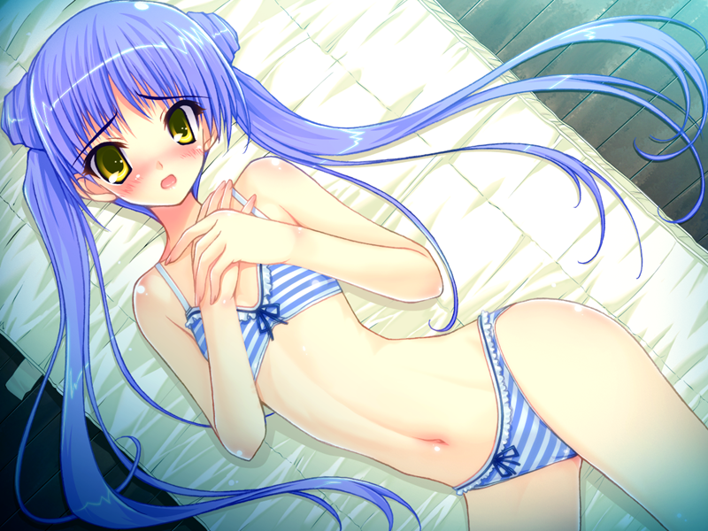 1girl amane_sou blue_ribbon blush bra double_bun eyebrows_visible_through_hair flat_chest floating_hair from_above game_cg hime_x_hime long_hair looking_at_viewer lying navel official_art on_back open_mouth panties purple_hair ribbon shiny shiny_hair shiny_skin solo striped striped_bra striped_panties takamura_honami twintails underwear underwear_only very_long_hair yellow_eyes