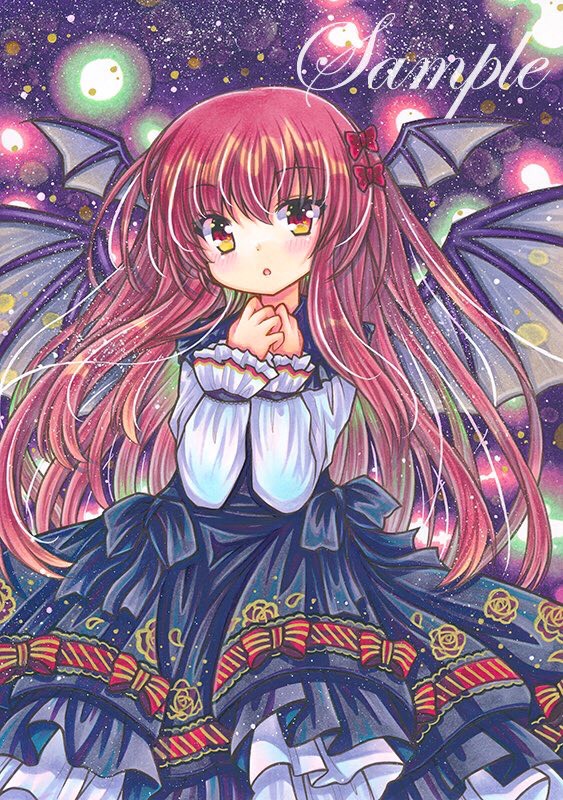 1girl :o bangs bat_wings black_bow black_dress bow dot_nose dress eyebrows_visible_through_hair feet_out_of_frame fireflies floral_print frilled_shirt_collar frills hair_bow hands_on_own_chest head_wings koakuma lace-trimmed_ribbon lace_trim layered_dress long_dress long_hair long_sleeves looking_at_viewer marker_(medium) own_hands_together red_bow red_eyes red_ribbon redhead ribbon ribbon-trimmed_dress rose_print rui_(sugar3) sample solo striped striped_ribbon touhou traditional_media very_long_hair watermark white_sleeves wings