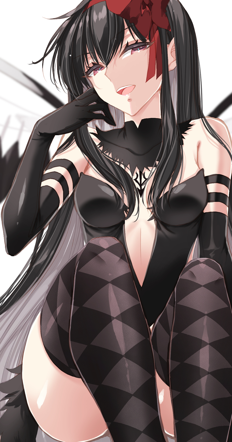 1girl akemi_homura akuma_homura argyle argyle_legwear bare_shoulders black_dress black_gloves black_hair bow breasts choker dress elbow_gloves feathered_wings gloves hair_bow hairband highres long_hair magical_girl mahou_shoujo_madoka_magica mahou_shoujo_madoka_magica_movie medium_breasts misteor open_mouth shiny shiny_hair shiny_skin simple_background sitting smile solo thigh-highs violet_eyes white_background wings