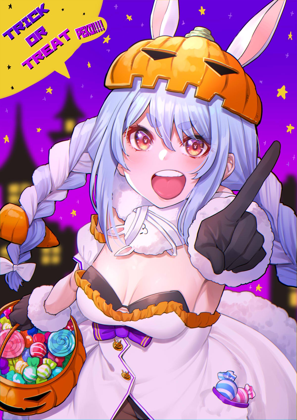 1girl :d basket black_bra black_gloves blue_hair blurry blurry_background bra braid breasts bunny-shaped_pupils candy commentary depth_of_field don-chan_(usada_pekora) dress ears_through_headwear english_commentary food fur-trimmed_gloves fur_trim gloves hair_between_eyes halloween halloween_bucket highres holding holding_basket hololive jack-o'-lantern looking_at_viewer medium_breasts mikan_(chipstar182) multicolored_hair night night_sky open_mouth pointing pointing_at_viewer pumpkin_on_head red_eyes short_eyebrows sky smile solo star_(symbol) symbol-shaped_pupils teeth trick_or_treat twin_braids two-tone_hair underwear upper_teeth usada_pekora white_dress white_hair