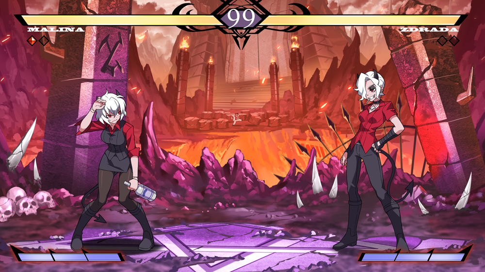 2girls alcohol battle bottle character_name commentary_request demon_girl demon_horns demon_tail drunk fighting_game fingerless_gloves formal gameplay_mechanics gloves health_bar helltaker holding holding_bottle horns kyo-hei_(kyouhei) malina_(helltaker) miniskirt multiple_girls pants pantyhose pencil_skirt red_eyes red_shirt scenery shirt short_hair skirt skull suit tail timer vodka zdrada_(helltaker)