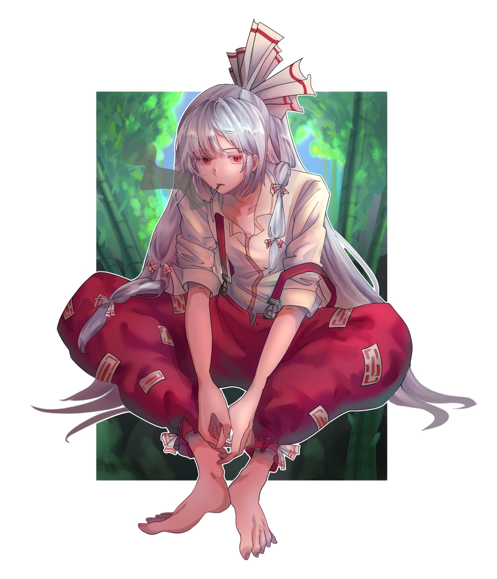 1girl baggy_pants bangs barefoot bow buttons cigarette collared_shirt fujiwara_no_mokou full_body hair_bow hime_cut lobo_(user_hznx8287) long_hair long_sleeves ofuda ofuda_on_clothes pants red_eyes red_pants ribbon shirt shoes sidelocks smoking solo suspenders touhou very_long_hair white_bow white_hair white_shirt