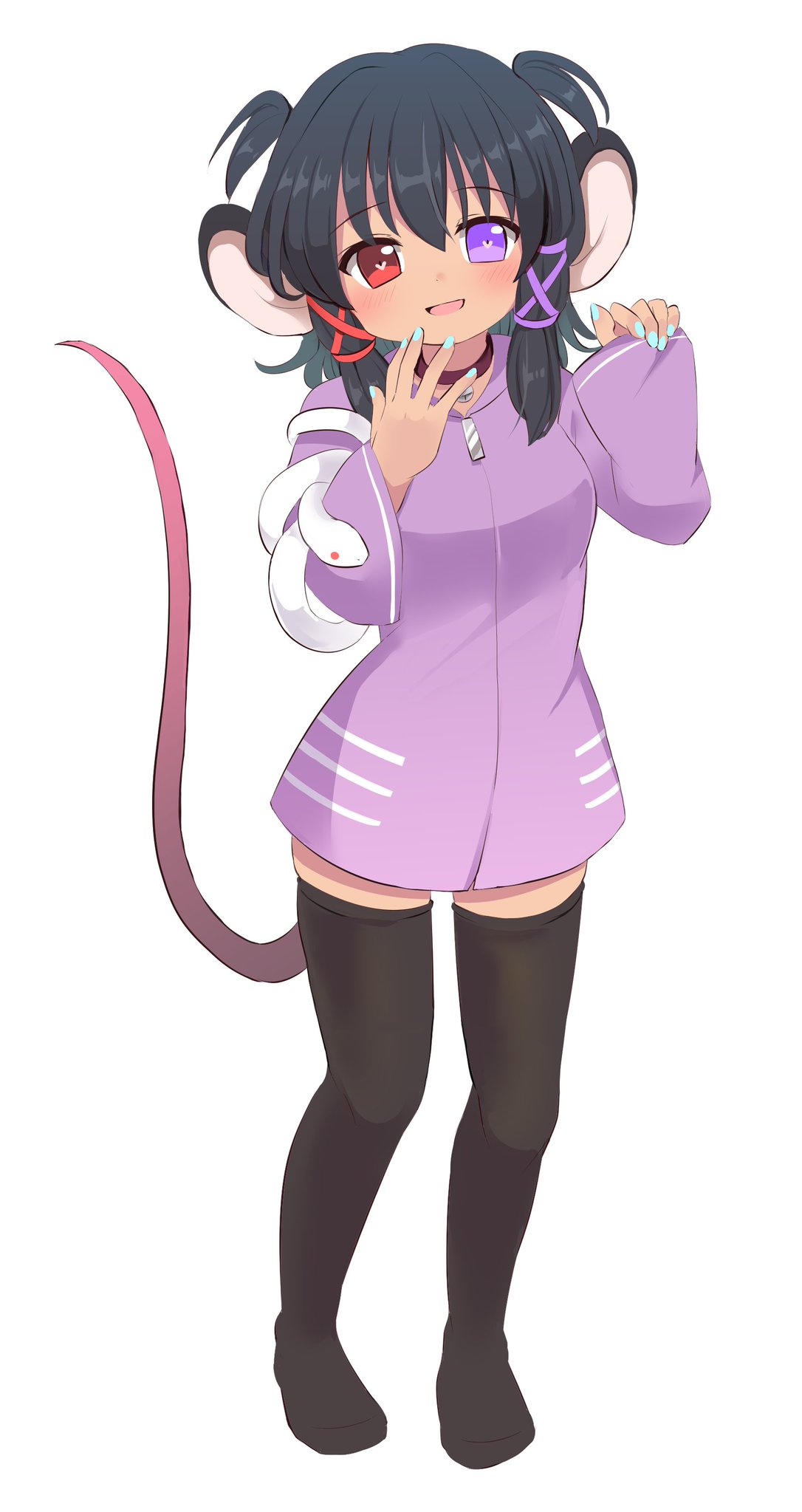 1girl animal_ears bell black_hair black_legwear blush collar dark-skinned_female dark_skin english_commentary full_body hands_up heart heart_in_eye heterochromia highres hood hoodie indie_virtual_youtuber jacket long_sleeves looking_at_viewer medium_hair misha_(yomedani_kumiko) mouse_ears mouse_tail nail_polish neck_bell no_shoes open_mouth purple_jacket ramudia_(lamyun) rat_snake red_eyes second-party_source simple_background skindentation sleeves_past_wrists smile snake standing symbol_in_eye tail thigh-highs twintails two_side_up violet_eyes virtual_youtuber white_background white_snake wide_sleeves yomedani_kumiko zettai_ryouiki
