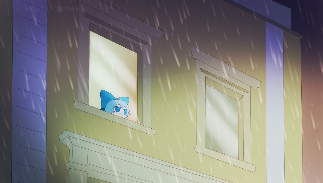 1girl blue_bow blue_eyes blue_hair bow building cirno commentary english_commentary hair_bow night rain short_hair skullchimes smile solo touhou window