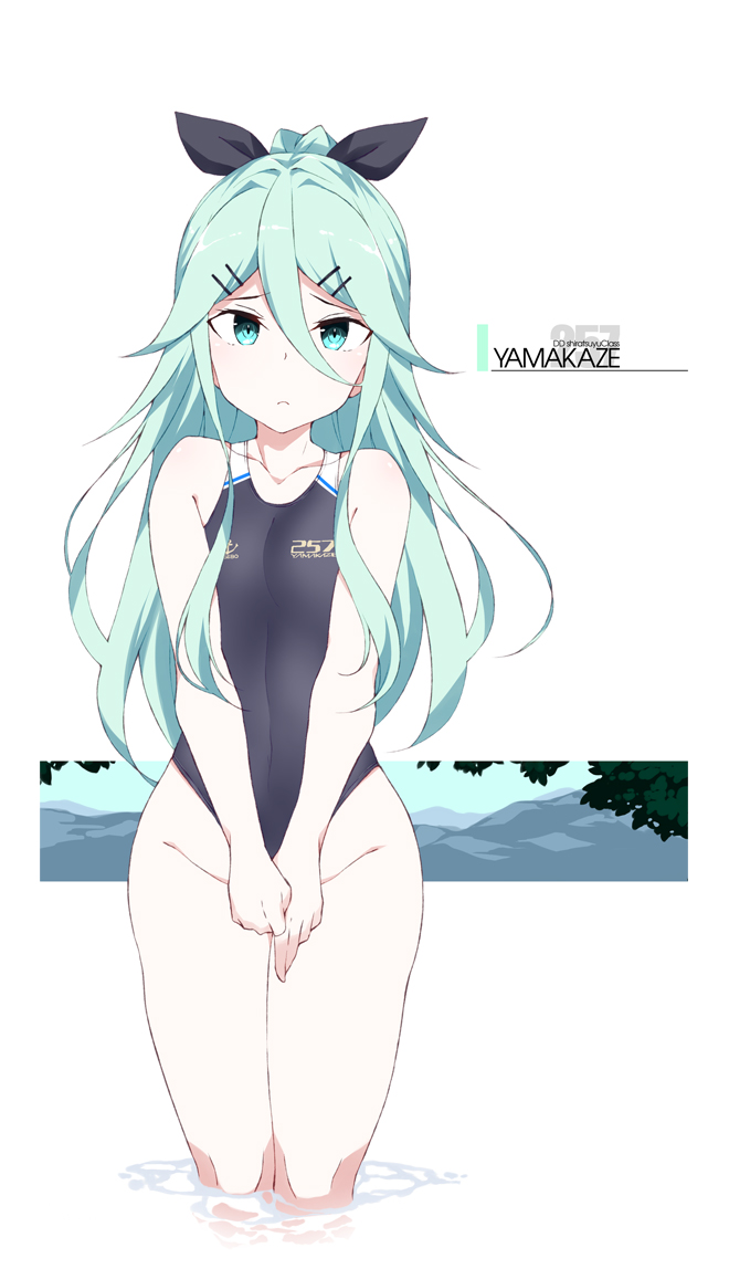 1girl aqua_eyes aqua_hair bare_arms bare_legs bare_shoulders black_ribbon character_name closed_mouth clothes_writing collarbone commission competition_swimsuit groin hair_between_eyes hair_ribbon kantai_collection long_hair looking_at_viewer one-piece_swimsuit partially_submerged ponytail ribbon shigino_sohuzi skeb_commission solo swimsuit white_background yamakaze_(kancolle)