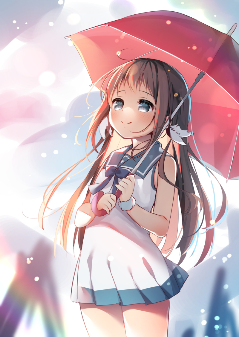 1girl bangs bare_arms bare_shoulders blue_eyes blue_sailor_collar blush brown_hair closed_mouth copyright_request dress hanamiya_natsuka holding holding_umbrella long_hair looking_away pleated_dress red_umbrella sailor_collar sailor_dress sleeveless sleeveless_dress smile solo umbrella very_long_hair white_dress