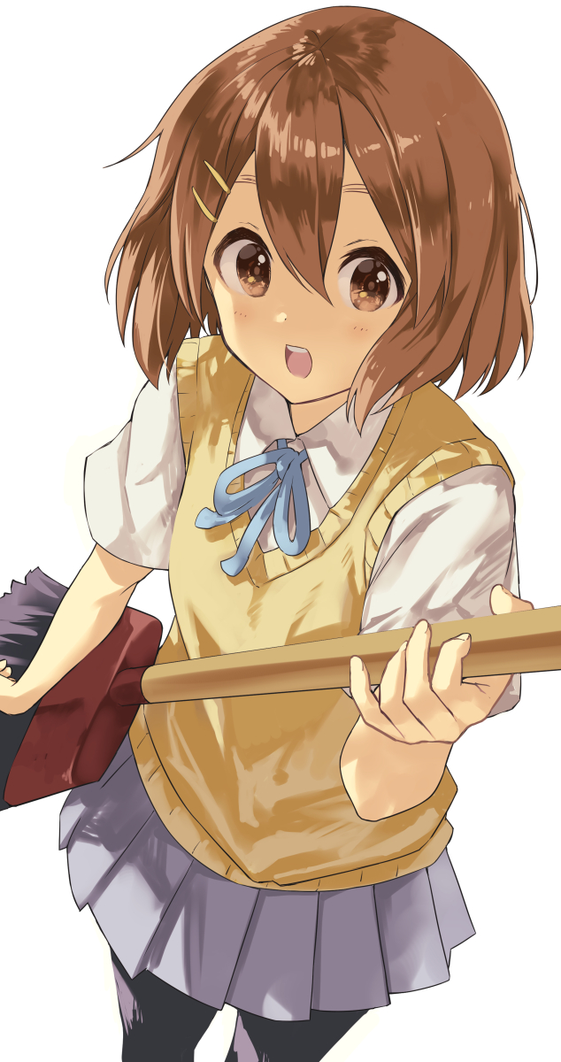 1girl bangs black_legwear blue_neckwear blush broom brown_eyes brown_hair from_above hair_between_eyes hair_ornament hair_strand hairclip highres hirasawa_yui holding holding_broom k-on! koin_(foxmark) looking_at_viewer looking_up miniskirt open_mouth pantyhose pleated_skirt sakuragaoka_high_school_uniform school_uniform shiny shiny_hair shirt short_hair short_sleeves simple_background skirt solo standing summer_uniform sweater_vest teeth upper_teeth white_background white_shirt