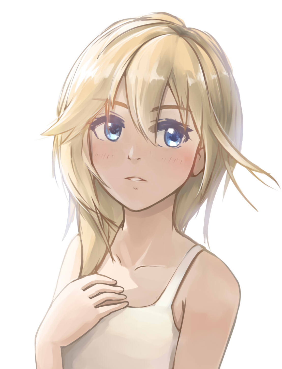 1girl bare_shoulders blonde_hair blue_eyes collarbone dress english_commentary highres kingdom_hearts kingdom_hearts_ii long_hair looking_at_viewer namine okamin simple_background smile solo white_background white_dress