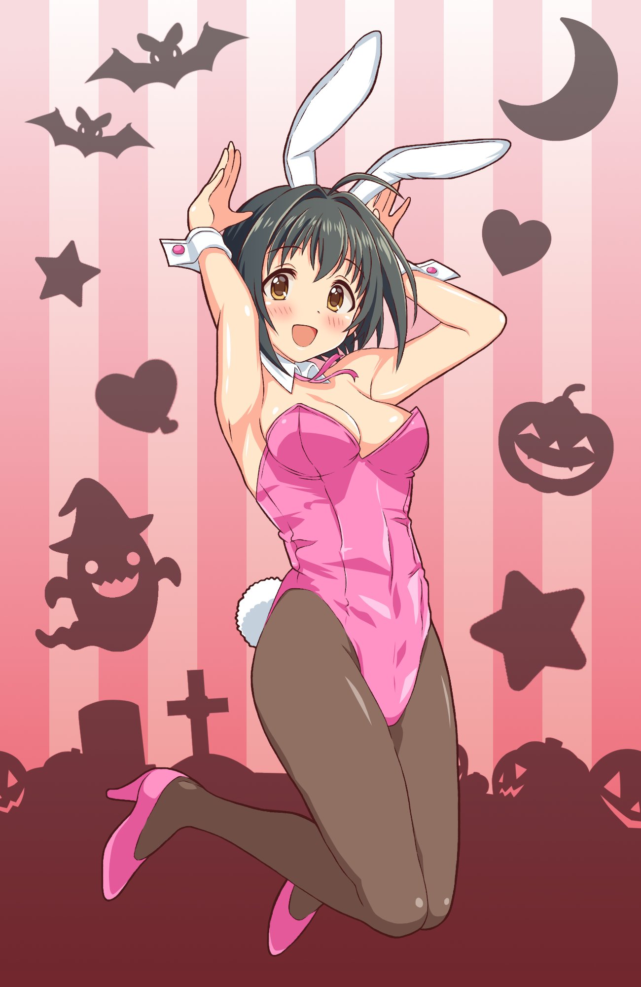 1girl animal_ears armpits arms_up bangs bat black_hair brown_eyes bunny_pose commentary_request crescent cross detached_collar eyebrows_visible_through_hair fake_animal_ears fake_tail ghost graveyard grey_legwear halloween heart high_heels highres idolmaster idolmaster_cinderella_girls jack-o'-lantern kneeling kohinata_miho leotard looking_at_viewer melnia0916 neck_ribbon open_mouth pantyhose pink_background pink_footwear pink_leotard pink_neckwear playboy_bunny rabbit_ears rabbit_tail ribbon short_hair smile solo star_(symbol) strapless strapless_leotard striped striped_background tail tombstone vertical_stripes wrist_cuffs