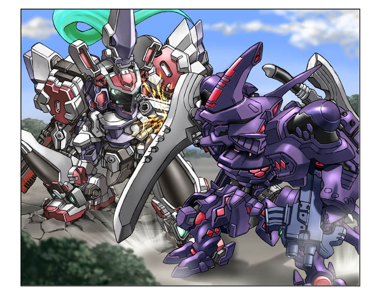 chibi clouds crossover demonbane demonbane_(mecha) dual_wielding fighting glowing glowing_eye green_eyes ground_shatter gun holding holding_gun holding_sword holding_weapon mecha muvluv muvluv_alternative no_humans red_eyes sky sword takemikazuchi_(muvluv) tanimeso weapon weapon_on_back