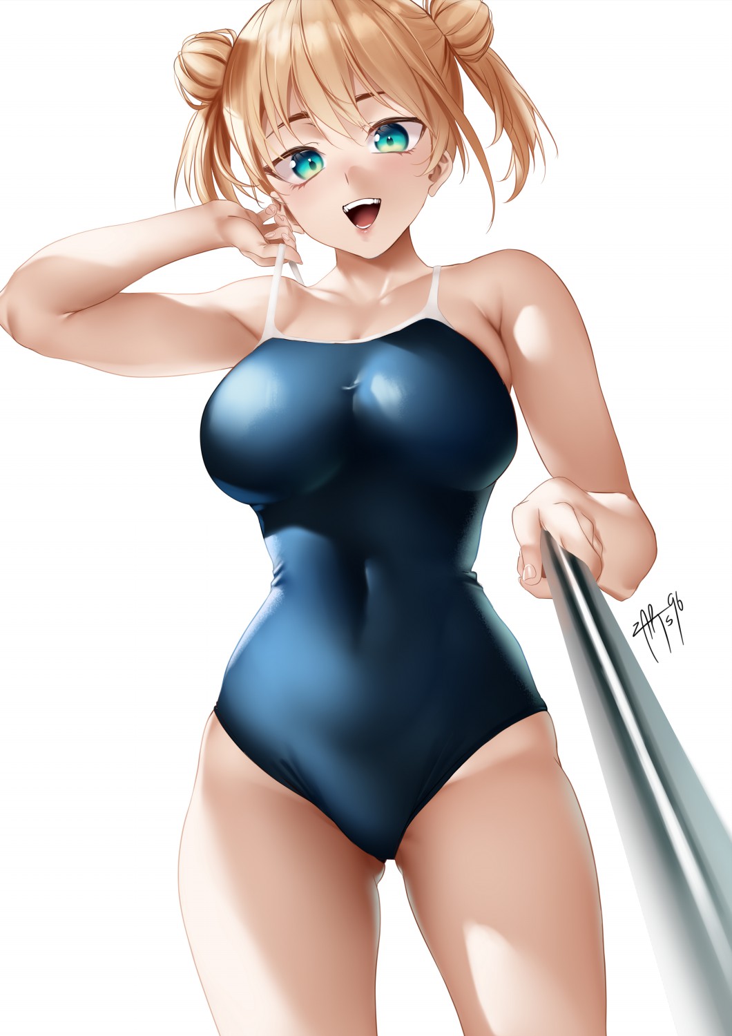 1girl :d aqua_eyes blonde_hair blue_swimsuit breasts covered_navel double_bun glasses highres hoshizaki_rika_(kanojo_mo_kanojo) kanojo_mo_kanojo large_breasts looking_at_viewer one-piece_swimsuit open_mouth over-rim_eyewear red-framed_eyewear semi-rimless_eyewear short_hair short_twintails signature simple_background smile solo standing swimsuit teeth thighs twintails white_background zasshu