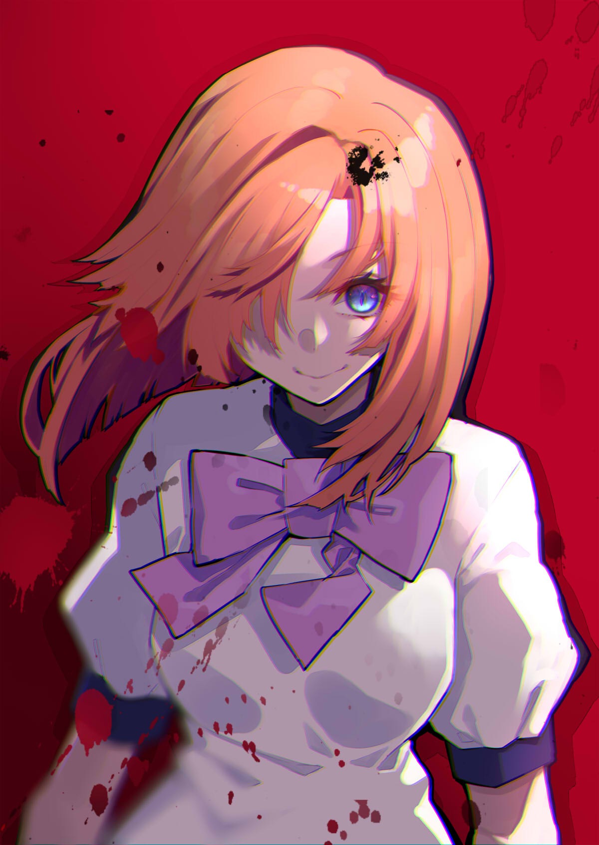 1girl blood blood_on_clothes blood_splatter blue_eyes bow bowtie closed_mouth dress hair_over_one_eye highres higurashi_no_naku_koro_ni looking_at_viewer medium_hair mikan_(chipstar182) one_eye_covered orange_hair pink_bow pink_neckwear puffy_short_sleeves puffy_sleeves red_background ryuuguu_rena short_sleeves smile solo upper_body white_dress wide-eyed