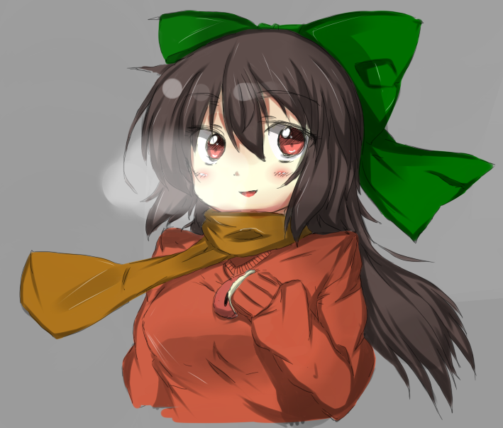 1girl alternate_costume blush bow breasts breath brown_hair eyebrows_visible_through_hair green_bow grey_background hair_bow long_hair medium_breasts nagisa_otoha open_mouth pullover red_eyes red_shirt reiuji_utsuho scarf shirt simple_background sleeves_past_fingers sleeves_past_wrists smile solo third_eye touhou winter_clothes