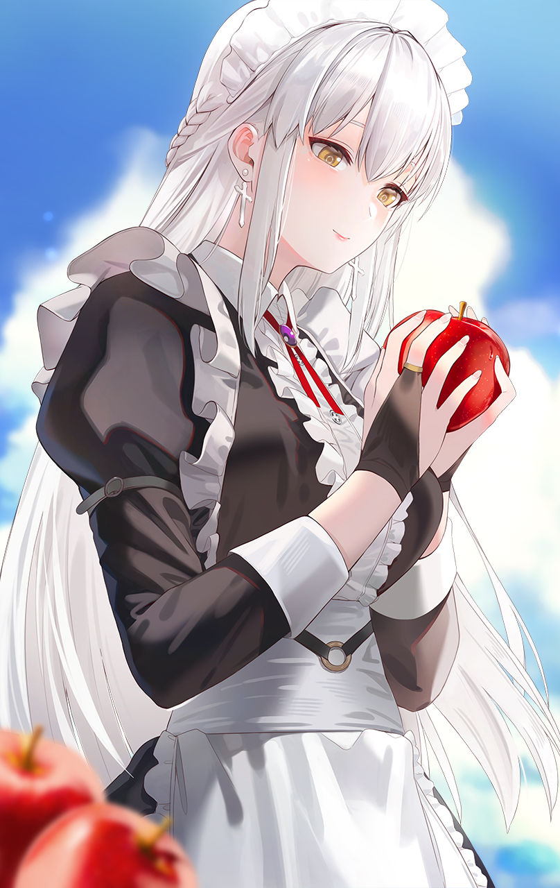 1girl apple apron blue_sky blurry blurry_foreground bridal_gauntlets food frills fruit highres kfr long_hair long_sleeves maid maid_headdress original puffy_long_sleeves puffy_sleeves silver_hair sky solo yellow_eyes