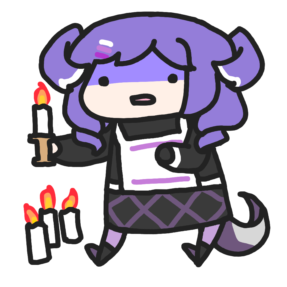 1girl black_eyes black_sweater candle chibi dragon_tail hair_ornament hairclip head_wings holding holding_candle nijisanji nijisanji_en open_mouth pants purple_pants selen_tatsuki shaded_face solo sweater tail transparent_background virtual_youtuber walfie