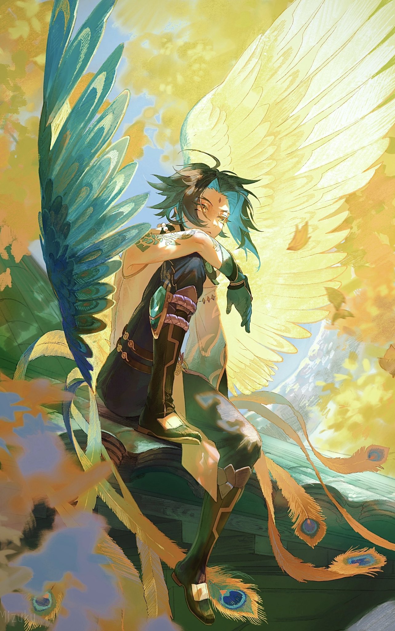 1boy ahoge aqua_hair arm_tattoo asymmetrical_clothes bead_necklace beads black_footwear black_hair boots day facial_mark feathers forehead_mark genshin_impact gloves highres jewelry leaf male_focus mizuku_hei multicolored_hair necklace outdoors sitting sky solo tattoo tree wings xiao_(genshin_impact) yellow_eyes