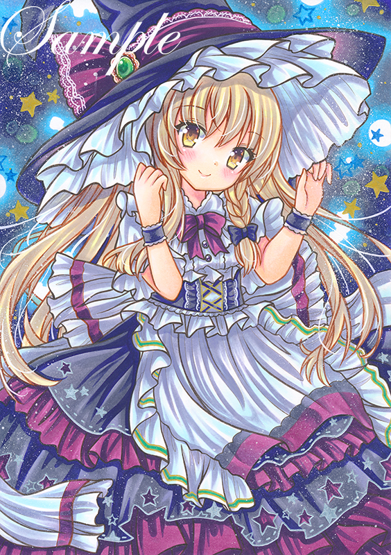 1girl adapted_costume apron bangs black_dress black_headwear blonde_hair blush bow bowtie braid dress eyebrows_visible_through_hair feet_out_of_frame fireflies frilled_apron frilled_cuffs frilled_dress frilled_hat frills green_trim hair_bow hand_on_headwear hands_up hat hat_ornament hat_ribbon head_tilt kirisame_marisa lace-trimmed_ribbon lace_trim layered_dress long_hair looking_at_viewer marker_(medium) purple_bow purple_dress purple_neckwear purple_ribbon ribbon rui_(sugar3) sample single_braid smile solo star_(symbol) star_print starry_background touhou traditional_media two-tone_dress very_long_hair watermark white_apron witch_hat wrist_cuffs yellow_eyes