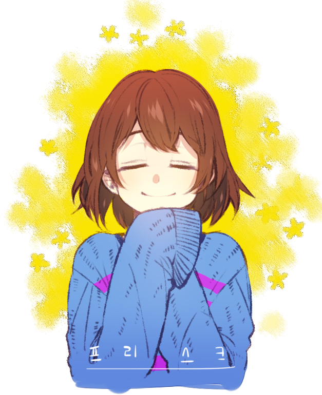 1other bangs blue_sweater brown_hair closed_eyes closed_mouth facing_viewer flower frisk_(undertale) korean_text medium_hair nenne_02 sidelocks sleeves_past_fingers sleeves_past_wrists smile solo source_request striped striped_sweater sweater undertale upper_body yellow_flower