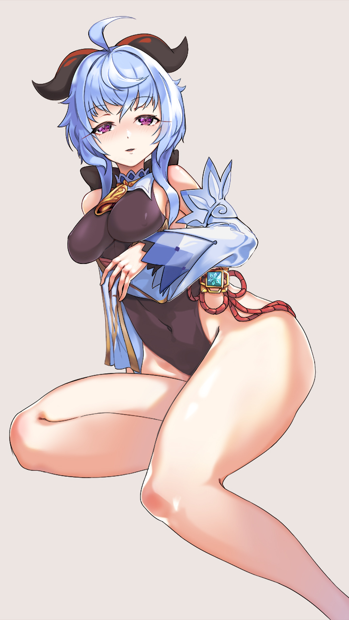 ahoge bangs bare_legs bare_shoulders bell blue_hair blush breasts chinese_knot covered_navel curled_horns detached_sleeves eyebrows_visible_through_hair flower_knot ganyu_(genshin_impact) genshin_impact gold_trim highres horns jamgom leotard lifted_by_self looking_at_viewer medium_breasts neck_bell no_gloves sidelocks simple_background sitting solo violet_eyes vision_(genshin_impact) white_sleeves yokozuwari