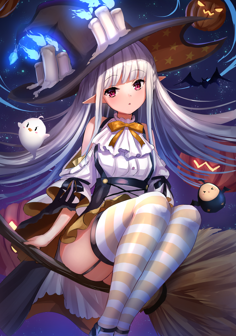 1girl ascot ass azur_lane bangs bat bird blue_fire blunt_bangs bow bowtie broom broom_riding candle cape chick commentary_request detached_sleeves erebus_(azur_lane) erebus_(wardrobe_witchery)_(azur_lane) eyebrows_visible_through_hair fire flying frilled_skirt frilled_sleeves frills garter_straps ghost halloween halloween_costume hat horizontal_stripes jack-o'-lantern long_hair long_sleeves looking_at_viewer manda_(manda9n) manjuu_(azur_lane) night night_sky parted_lips pointy_ears pumpkin red_eyes sidelocks skirt sky slit_pupils star_(sky) starry_sky striped striped_legwear white_hair witch_hat