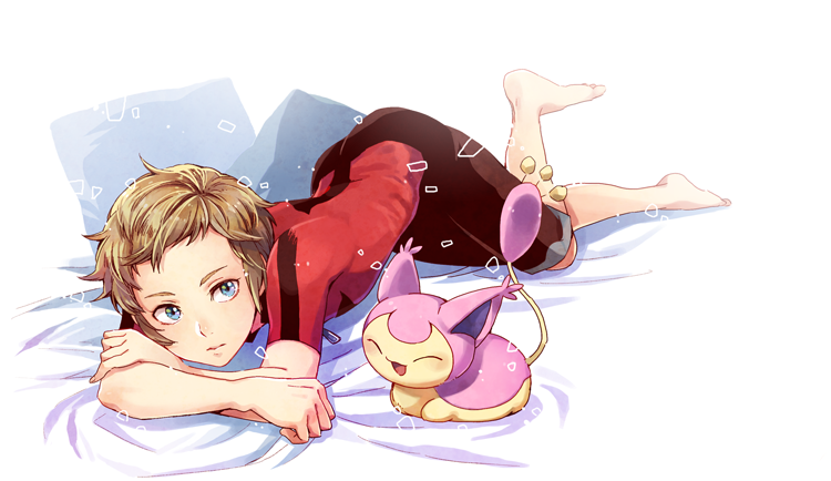 1boy arched_back bangs barefoot bed_sheet blue_eyes brendan_(pokemon) brown_hair brown_shorts closed_mouth commentary_request cushion jacket male_focus pokemon pokemon_(creature) pokemon_(game) pokemon_oras red_jacket short_hair short_sleeves shorts skitty toes white_background xichii zipper_pull_tab