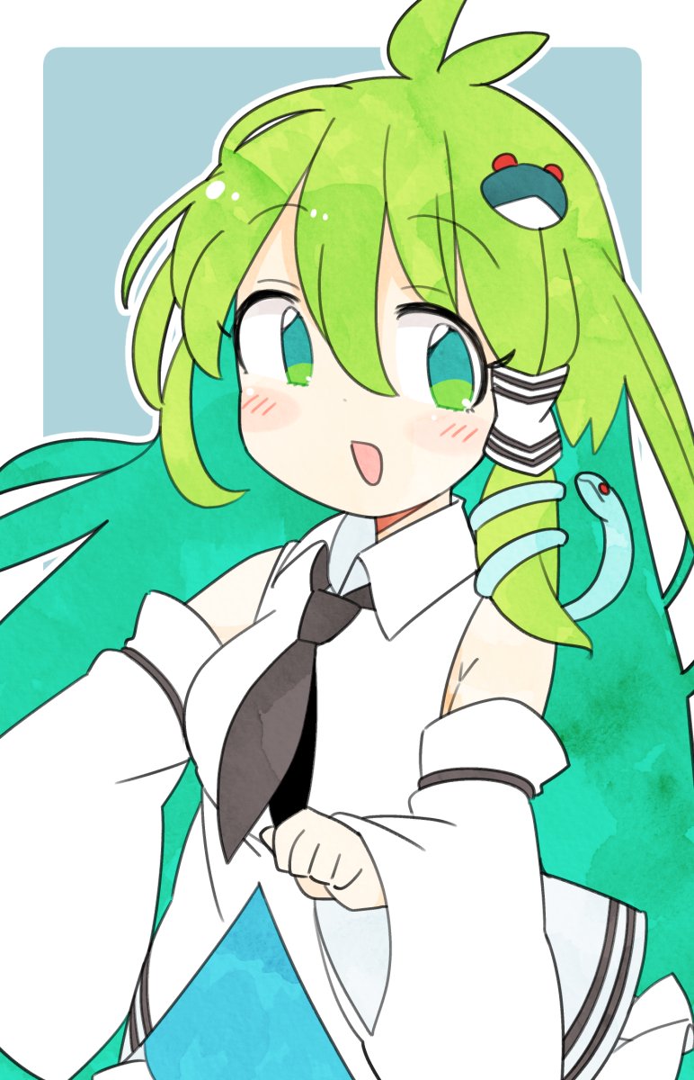1girl :d ahoge bangs black_neckwear border commentary detached_sleeves eyebrows_visible_through_hair frog_hair_ornament green_eyes green_hair grey_background hair_ornament hair_tubes highres ini_(inunabe00) kochiya_sanae looking_at_viewer necktie open_mouth simple_background smile snake_hair_ornament touhou white_border wide_sleeves
