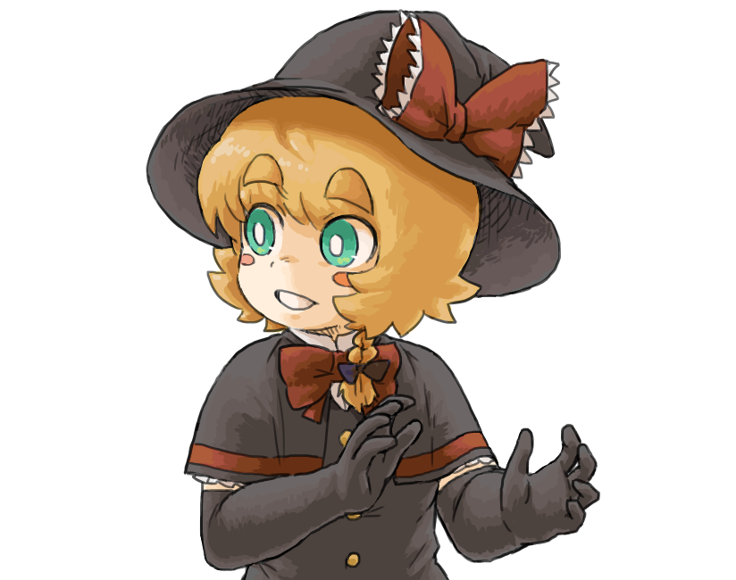 1girl black_gloves blonde_hair blush_stickers bow braid bseibutsu capelet commentary_request cookie_(touhou) elbow_gloves eyebrows_visible_through_hair gloves green_eyes hair_bow hat hat_bow kirisame_marisa looking_to_the_side meguru_(cookie) side_braid smile solo teeth touhou upper_body white_background witch_hat