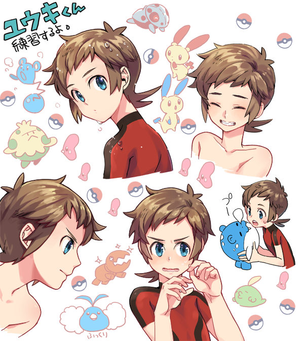 1boy aron azurill blue_eyes blush brendan_(pokemon) brown_hair bubble closed_eyes closed_mouth commentary_request grin gulpin holding holding_pokemon luvdisc male_focus minun multiple_views open_mouth plusle poke_ball poke_ball_(basic) pokemon pokemon_(creature) pokemon_(game) pokemon_oras short_hair short_sleeves shroomish smile sparkle spheal swablu teeth translation_request trapinch wet wet_hair xichii