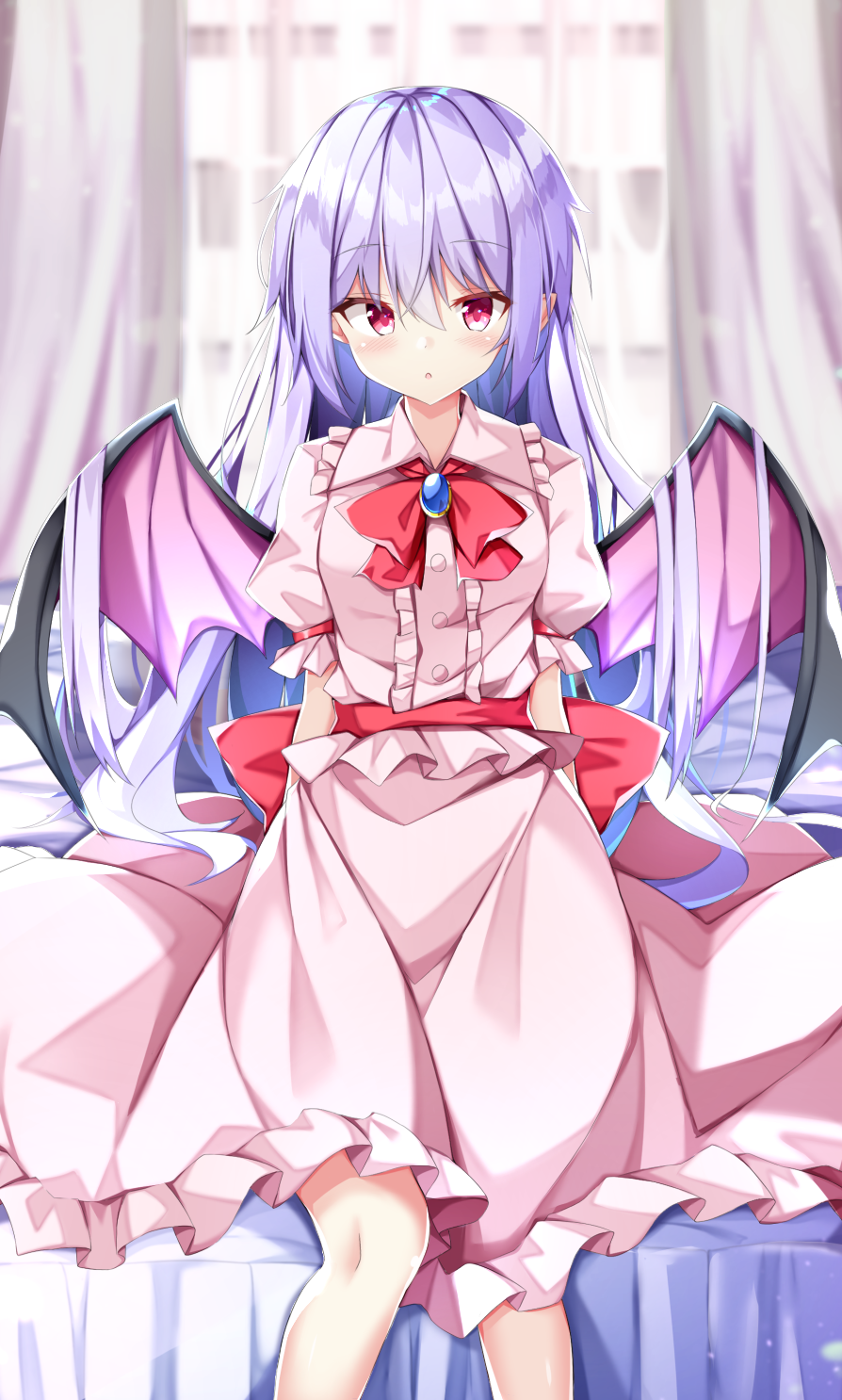 1girl alternate_hair_length alternate_hairstyle bangs bat_wings bed blurry blurry_background buttons center_frills curtains eyebrows_visible_through_hair feet_out_of_frame frilled_shirt frilled_skirt frills highres indoors kuraaken long_hair looking_at_viewer no_hat no_headwear open_mouth pink_shirt pink_skirt puffy_short_sleeves puffy_sleeves purple_hair red_eyes red_neckwear remilia_scarlet shirt short_sleeves sitting skirt solo touhou window wings