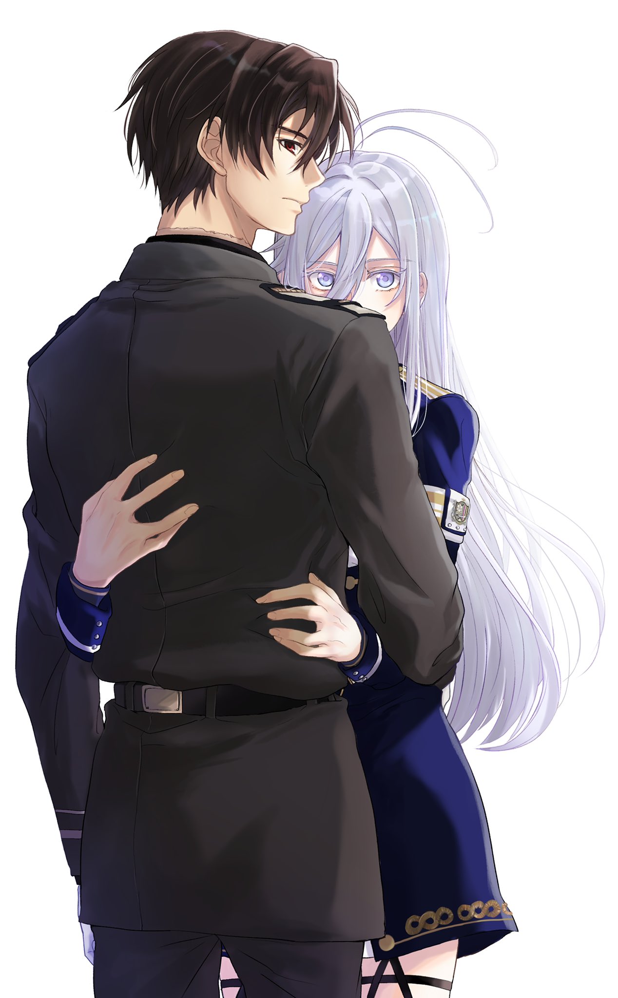 1boy 1girl 86_-eightysix- bangs belt black_belt black_hair black_jacket black_pants blue_eyes blue_jacket blue_skirt closed_mouth cowboy_shot hair_between_eyes highres hug jacket long_hair long_sleeves looking_at_viewer miki62961031 military military_uniform pants profile red_eyes scar scar_on_neck shinei_nouzen short_hair simple_background skirt standing uniform vladilena_millize white_background white_hair