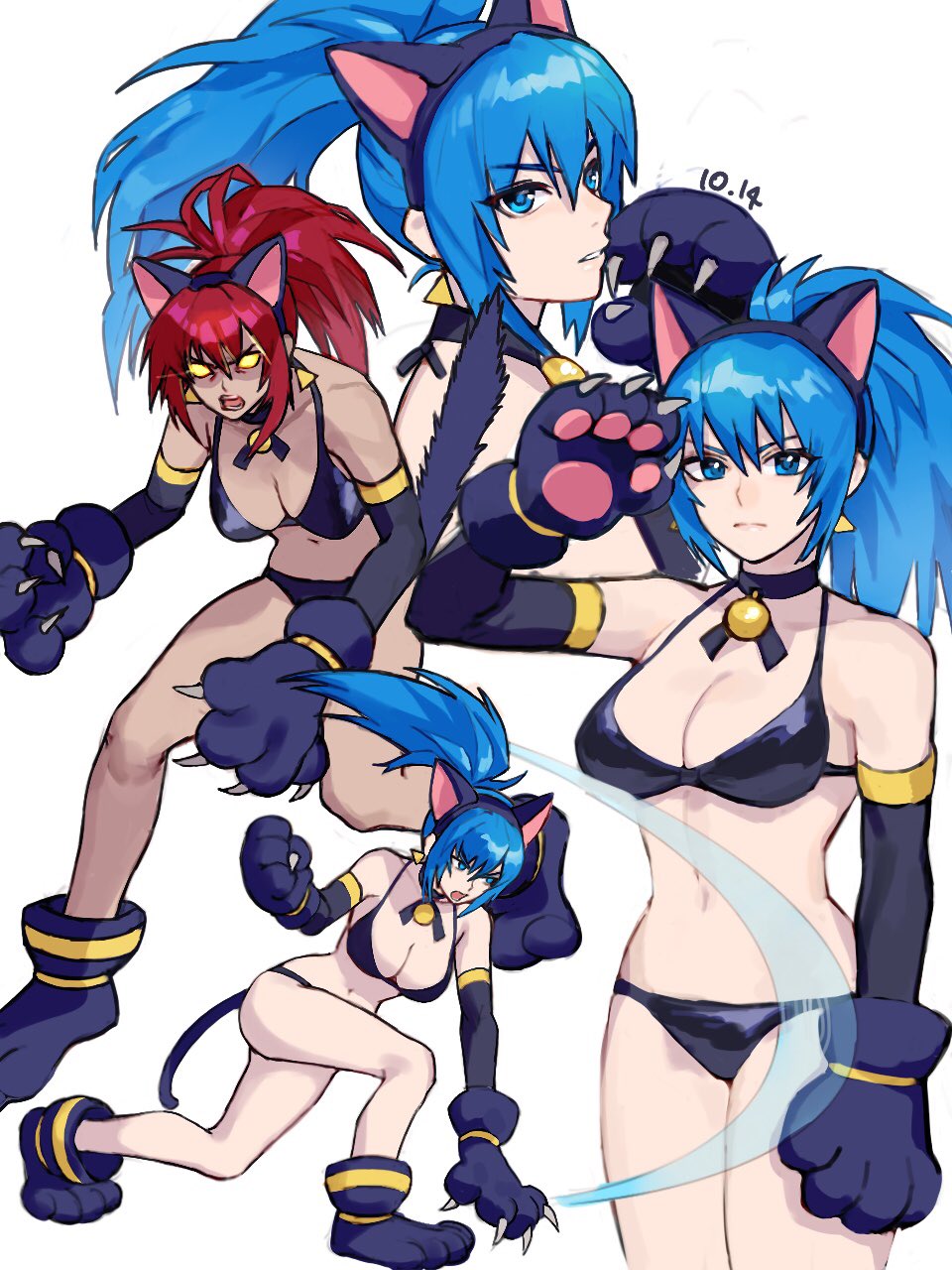 alternate_costume animal_ears animal_hands bell bikini blue_eyes blue_hair breasts cat_ears cat_girl cat_paws claws dark_persona earrings elbow_gloves gloves highres jewelry jingle_bell leona_heidern midriff multiple_views oni_gini orochi_leona ponytail redhead snk_heroines:_tag_team_frenzy swimsuit the_king_of_fighters triangle_earrings