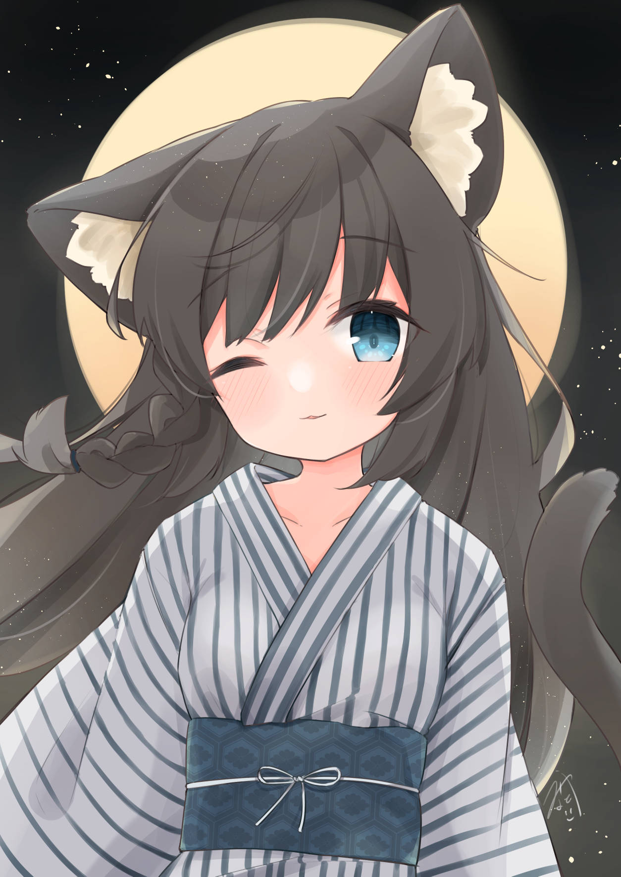 1girl animal_ears bangs black_hair blue_eyes blush braid cat_ears cat_tail commentary_request eyebrows_visible_through_hair full_moon highres japanese_clothes kimono long_hair looking_at_viewer minato_yu_(0514) moon obi one_eye_closed original parted_lips sash single_braid solo striped tail tail_raised upper_body vertical-striped_kimono vertical_stripes very_long_hair