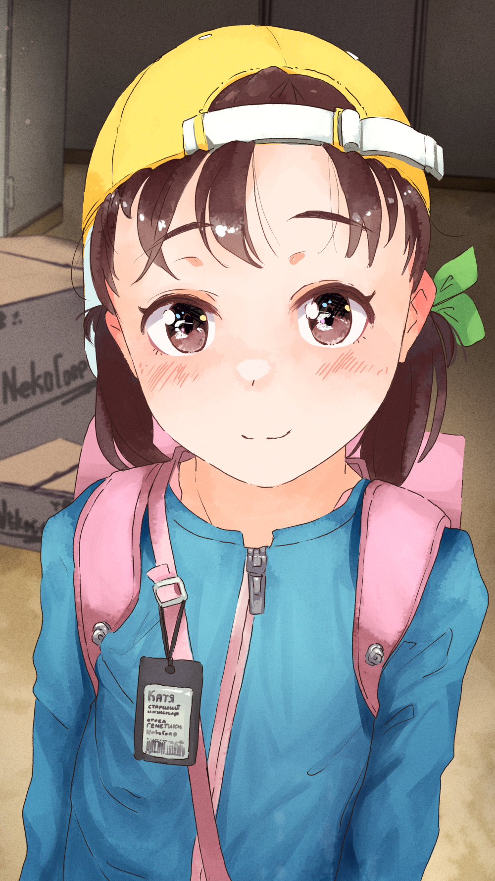 1girl backpack backwards_hat bag bangs barcode blue_jacket blush box brown_eyes brown_hair cardboard_box child clip_studio_paint_(medium) closed_mouth commentary_request eyebrows_visible_through_hair green_ribbon hair_ribbon hat highres id_card jacket long_sleeves looking_at_viewer medium_hair original partially_translated pink_bag randoseru ribbon russian_commentary russian_text servachok short_twintails smile solo split_mouth translation_request twintails upper_body yellow_headwear zipper