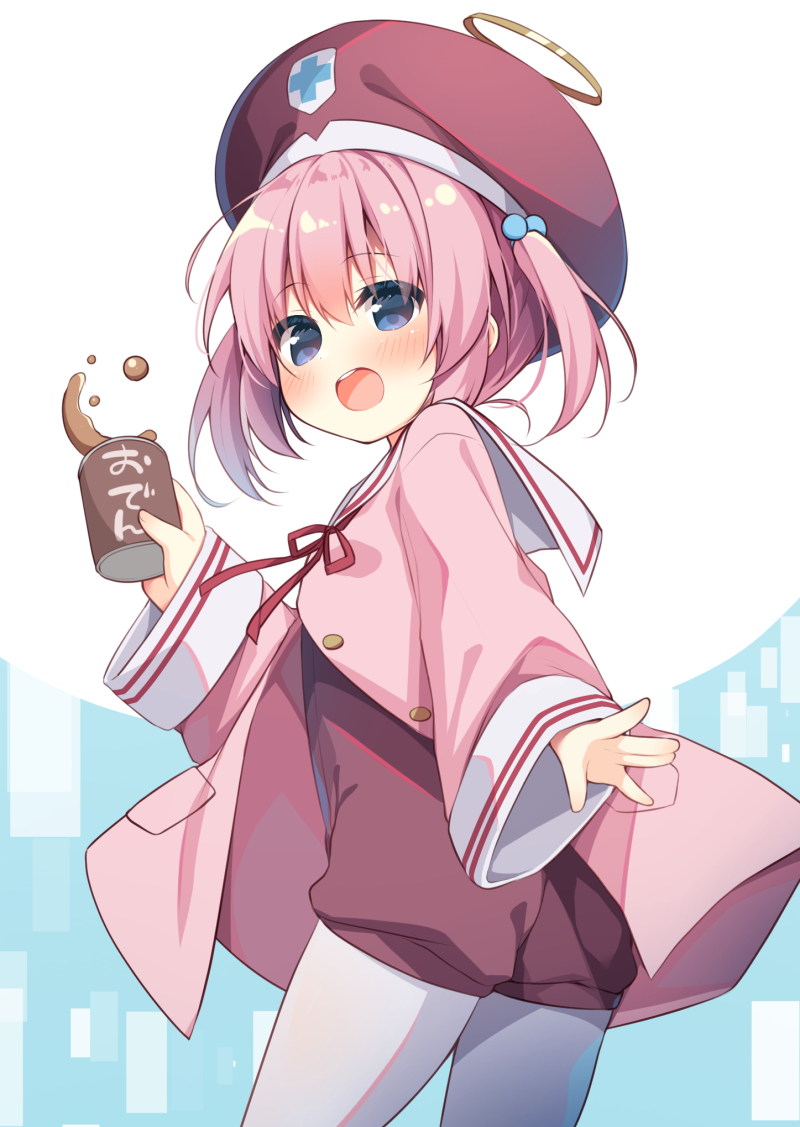 1girl beret brown_headwear can copyright_request hanamiya_natsuka hat holding holding_can jacket long_sleeves looking_at_viewer looking_back neck_ribbon onesie pantyhose pink_jacket red_ribbon ribbon sailor_collar sleeves_past_wrists solo white_legwear white_sailor_collar wide_sleeves