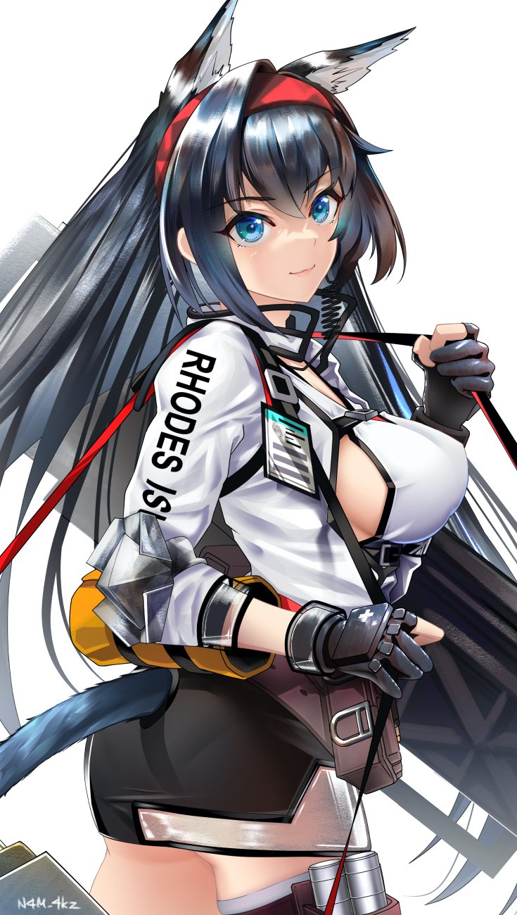 1girl :3 animal_ear_fluff animal_ears arknights artist_name ass bangs belt belt_pouch black_gloves black_hair black_skirt blaze_(arknights) blue_eyes breasts cat_ears cat_girl cat_tail closed_mouth clothes_writing clothing_cutout cowboy_shot eyebrows_visible_through_hair from_side gloves hairband highres jacket large_breasts lipstick long_hair long_sleeves looking_at_viewer looking_to_the_side makeup miniskirt open_clothes open_jacket partially_fingerless_gloves pink_lips pouch red_hairband see-through shirt sideboob signature single_hair_intake skirt smile solo tail tail_cutout thigh_pouch thigh_strap very_long_hair weapon_bag white_jacket white_shirt yokaze_(yokajie)