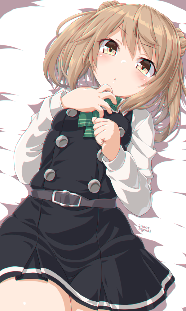 1girl bed_sheet belt belt_buckle black_belt black_dress blush brown_eyes buckle buttons cowboy_shot dated dd_(ijigendd) double_bun dress eyebrows_visible_through_hair hair_between_eyes kantai_collection light_brown_hair long_sleeves michishio_(kancolle) pinafore_dress remodel_(kantai_collection) shirt short_hair solo twintails twitter_username white_shirt