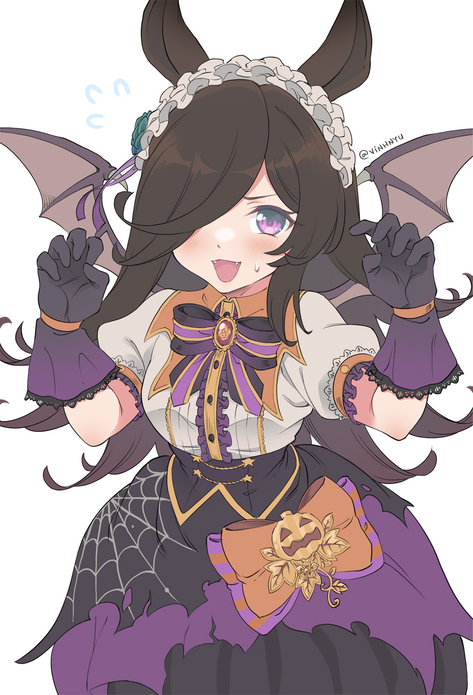 1girl animal_ears bangs bat_ears black_skirt blush bow bowtie brooch brown_hair fangs flying_sweatdrops gloves hair_over_one_eye hairband halloween highres horse_ears horse_girl jewelry lace-trimmed_gloves lace_trim long_hair looking_at_viewer open_mouth purple_bow purple_gloves rice_shower_(umamusume) shirt short_sleeves simple_background skirt smile solo spider_web_print twitter_username umamusume vinhnyu violet_eyes white_background white_shirt