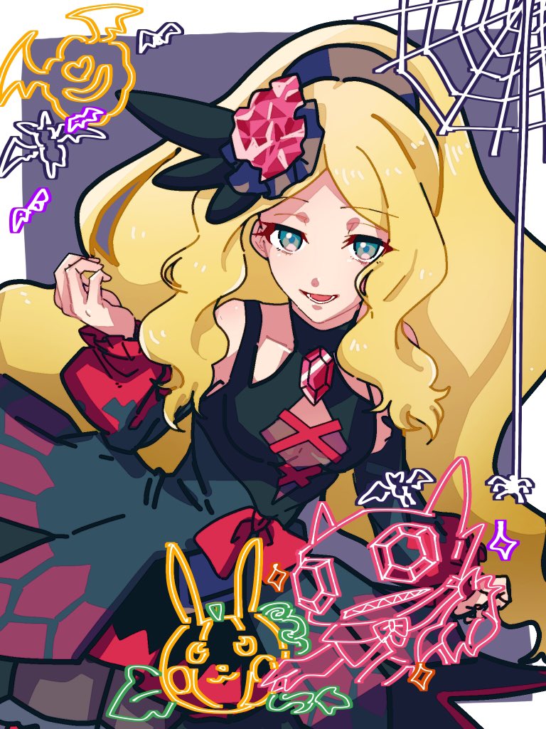 1girl black_dress blonde_hair blue_eyes caitlin_(pokemon) dress eyebrows_visible_through_hair gem hair_ornament halloween long_hair looking_at_viewer lower_teeth neko_straight22 official_alternate_costume open_mouth pikachu pokemon pokemon_(game) pokemon_bw pokemon_masters_ex ponytail sableye silk smile solo spider_web teeth very_long_hair woobat