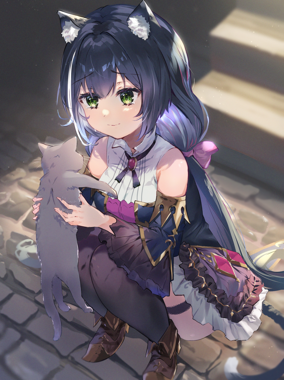 1girl animal animal_ear_fluff animal_ears bangs black_hair black_legwear boots bow brown_footwear cat cat_ears cat_girl cat_tail closed_mouth commentary detached_sleeves eyebrows_visible_through_hair frilled_skirt frills green_eyes hair_bow highres holding holding_animal holding_cat karyl_(princess_connect!) long_hair long_sleeves looking_at_animal omelet_tomato pink_bow princess_connect! purple_skirt shirt skirt sleeveless sleeveless_shirt smile solo squatting tail thigh-highs thigh_strap very_long_hair white_shirt
