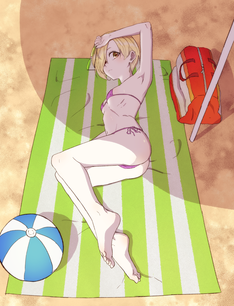 1girl armpits ass ball barefoot beach beachball bikini blonde_hair breasts brown_eyes closed_mouth day full_body green-tinted_eyewear hair_over_one_eye highres holding holding_eyewear idolmaster idolmaster_cinderella_girls looking_at_viewer lying ogi_non on_side outdoors pink_bikini pink_ribbon ribbon rimless_eyewear shiny shiny_skin shirasaka_koume short_hair side-tie_bikini small_breasts soles solo summer sunglasses swimsuit tinted_eyewear under_boob