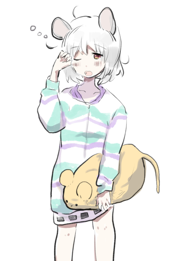 1girl ahoge animal_ears chidori_nekoro feet_out_of_frame grey_hair holding holding_stuffed_toy mouse_ears mouse_tail nazrin nightshirt one_eye_closed short_hair sleepwear sleepy stuffed_animal stuffed_mouse stuffed_toy tail touhou yawning