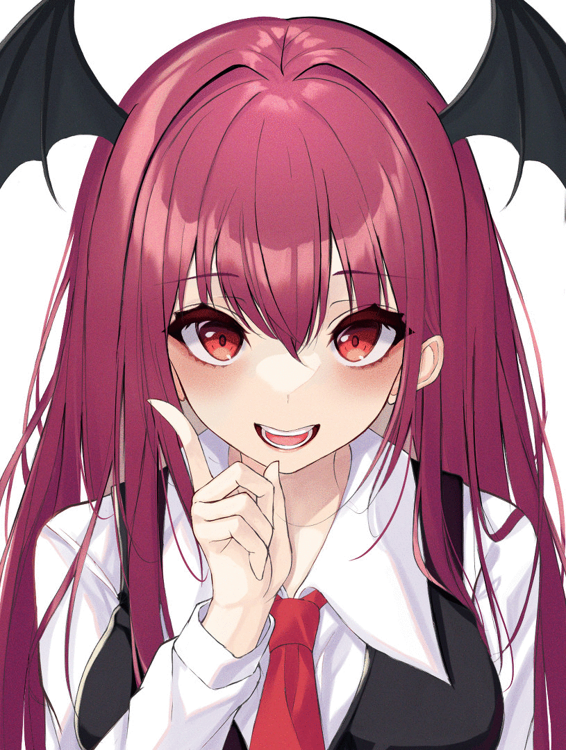 .me 1girl 1other animated animated_gif bangs black_vest blush breasts eyebrows_visible_through_hair head_wings headpat index_finger_raised koakuma large_breasts long_hair long_sleeves lower_teeth male_hand necktie open_mouth pov pov_hands red_eyes red_neckwear redhead shirt sidelocks simple_background smile solo sparkling_eyes teeth tongue touhou vest white_background white_shirt