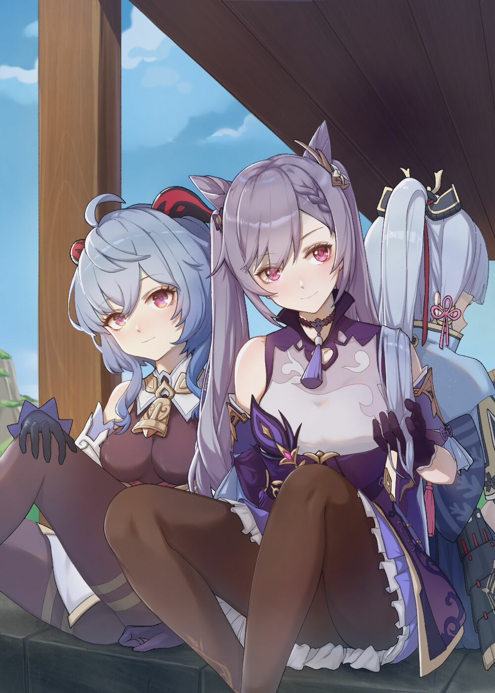 3girls ahoge armor bare_shoulders bell black_legwear blue_hair blue_sky braid breasts choker cowbell detached_sleeves double_bun dress frilled_dress frilled_sleeves frills ganyu_(genshin_impact) genshin_impact gloves hair_between_eyes hair_bun hair_ornament hairclip hand_in_hair highres horns japanese_armor kamisato_ayaka keqing_(genshin_impact) looking_at_viewer medium_breasts multiple_girls panties ponytail purple_hair sitting sky smile twintails underwear violet_eyes