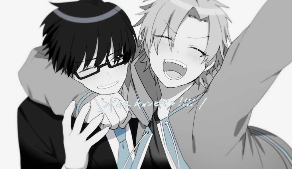2boys ^_^ arm_around_neck bangs blue_neckwear clenched_hand closed_eyes eden_(vtuber) eyebrows_visible_through_hair fang formal gamewith glasses hood hoodie indie_virtual_youtuber male_focus mashiro_(rikuya) monochrome multiple_boys necktie one_eye_closed open_mouth parted_bangs smile spot_color suit trulysquid virtual_youtuber