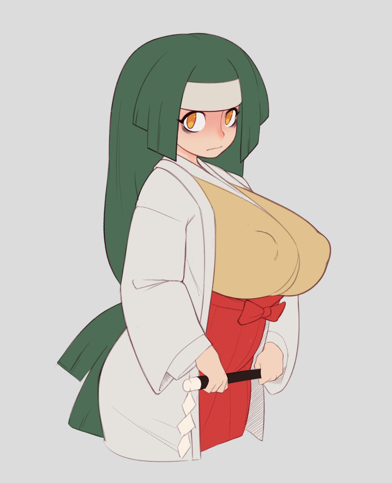 1girl alternate_breast_size bags_under_eyes blush breasts channeler_(pokemon) covered_nipples gohei green_hair hayabusart headband highres holding japanese_clothes large_breasts long_hair long_sleeves pokemon pokemon_(game) pokemon_lgpe solo very_long_hair yellow_eyes