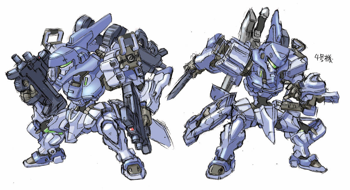 chibi dual_wielding fubuki_(muvluv) gun holding holding_gun holding_knife holding_weapon knife looking_down looking_to_the_side mecha multiple_views muvluv muvluv_alternative no_humans open_hand science_fiction sketch tactical_surface_fighter tanimeso visor weapon white_background