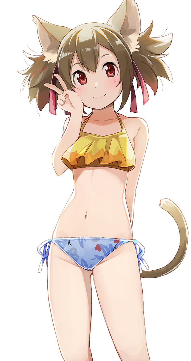 1girl animal_ears bikini cat_ears cat_tail hair_ribbon highres hiroki_(yyqw7151) looking_at_viewer navel red_eyes red_ribbon ribbon short_hair silica simple_background smile solo standing swimsuit sword_art_online tail thighs twintails white_background