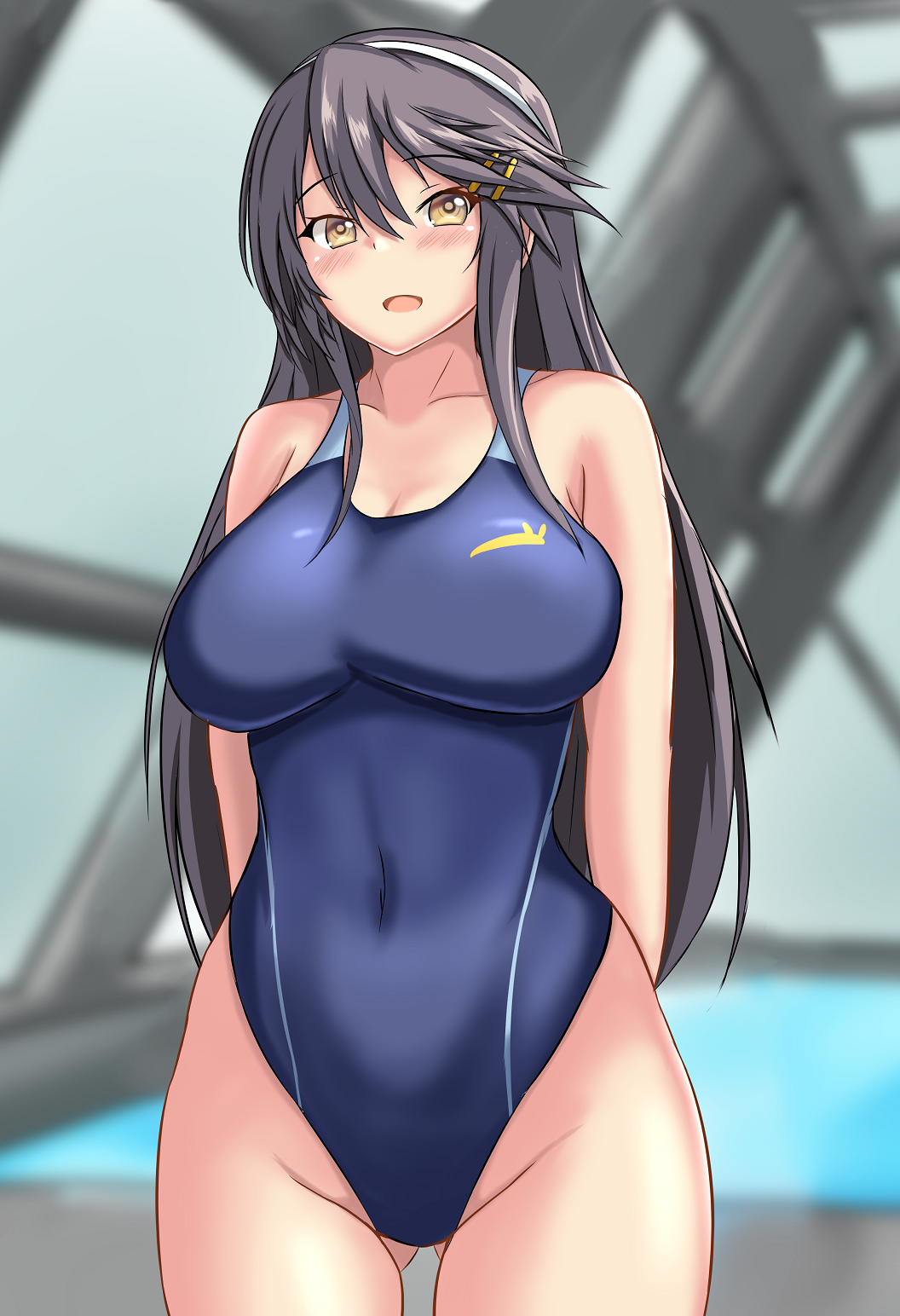 1girl arms_behind_back black_hair black_swimsuit blurry blurry_background brown_eyes commentary_request competition_swimsuit copyright_request covered_navel hair_ornament hairclip haruna_(kancolle) highres indoors kantai_collection long_hair looking_at_viewer montemasa one-piece_swimsuit pool rei_no_pool smile solo swimsuit